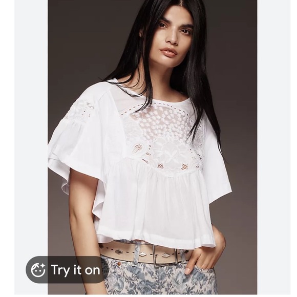 Maeve Tops - Maeve White Short Sleeve Embellished Swing Top L Boxy Boho Anthropologie